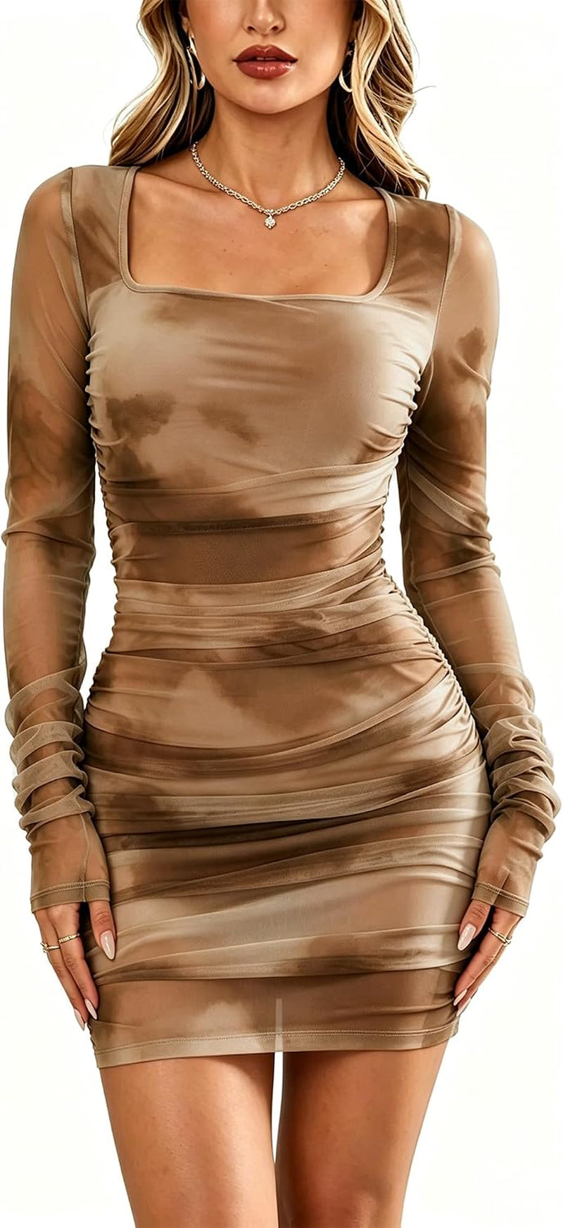 Women'S Sexy Mesh Dress Square Neck Long Sleeve Ruched Printed Bodycon Party Club Cocktail Mini Dresses